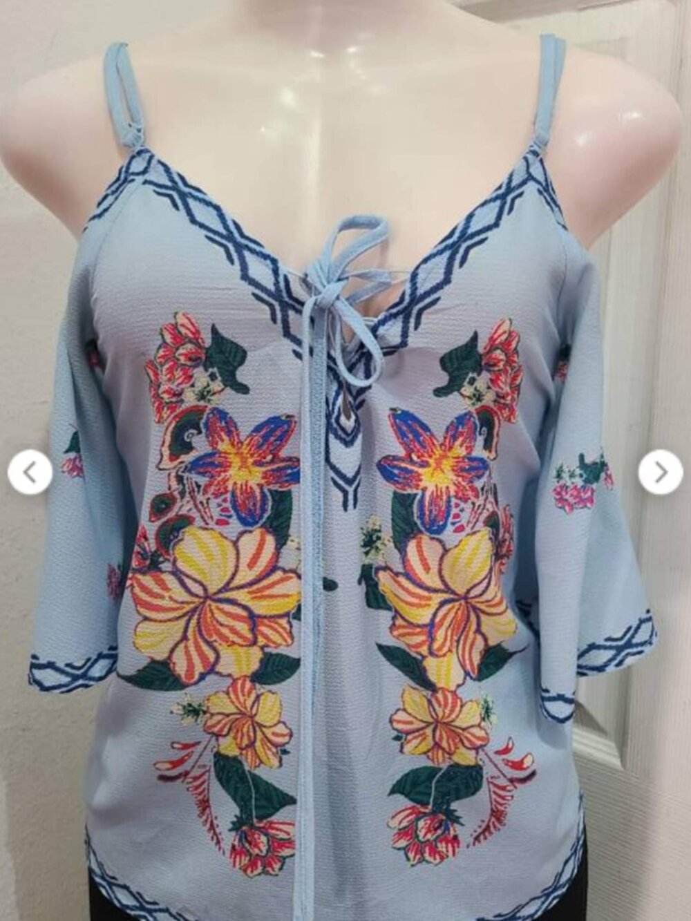 Flying Tomato Blue and Yellow Floral off Should Embellished Tie Front top